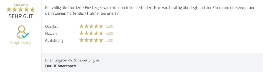 5-Sterne-Testimonial für den Workshop "Mein Hühnerstall unkompliziert geplant und schnell gebaut"