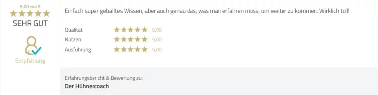 5-Sterne-Testimonial für den Workshop "Mein Hühnerstall unkompliziert geplant und schnell gebaut"